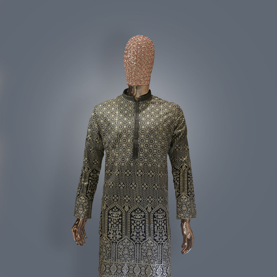 Golden All Over Embroidery Georgette Kurta Set