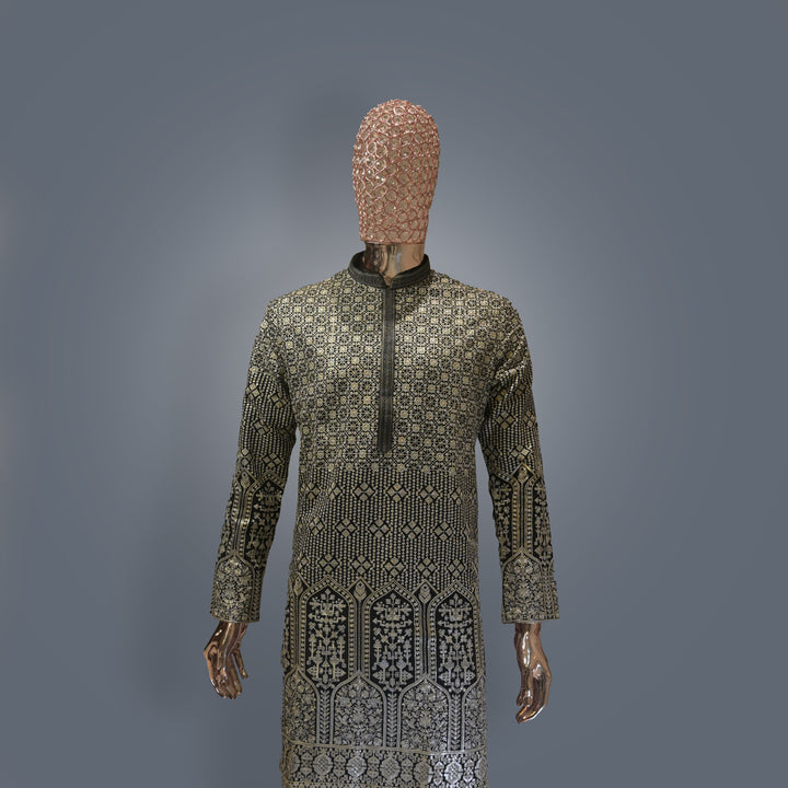 Golden All Over Embroidery Georgette Kurta Set