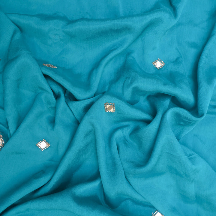 Blue Chinon-Chiffon Fabric with Mirrorwork Embroidery
