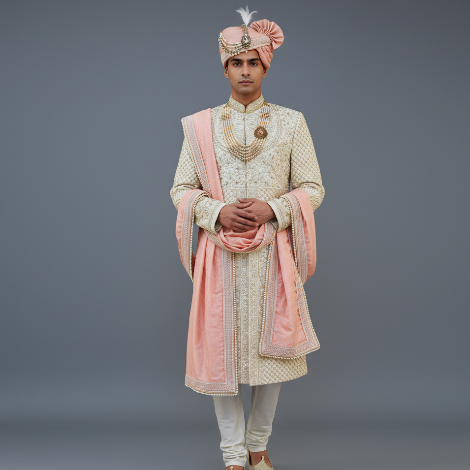 Man in traditional Indian wedding attire with a pink dupatta on a gray background