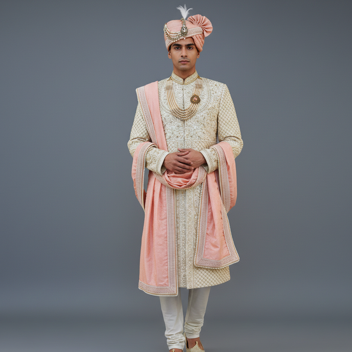 Man in traditional Indian wedding attire with a pink dupatta on a gray background