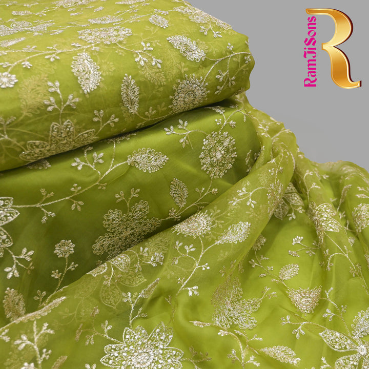 Parrot Green Pure Organza Fabric with Threadwork Embroidery