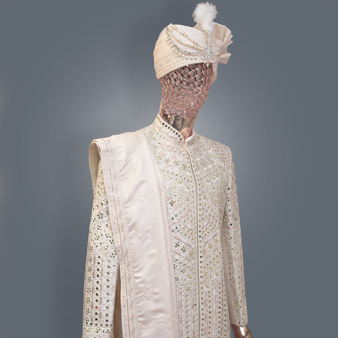 Ivory Sherwani Set with allover Cutdana & Mirrorwork Embroidery | Premium Wedding & Groom wear