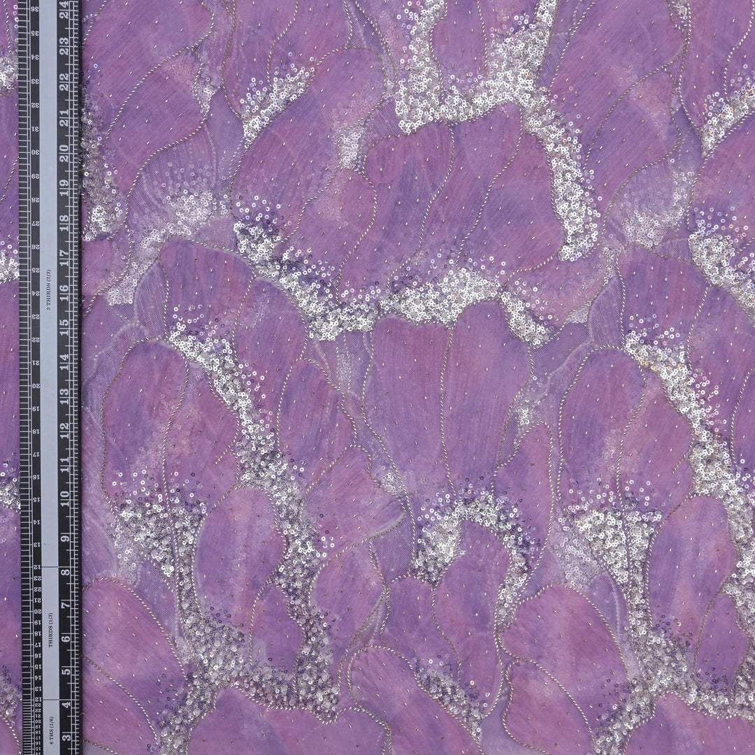 Designer Lavender Net Embroidery Fabric with Silver Sequins Embroidery