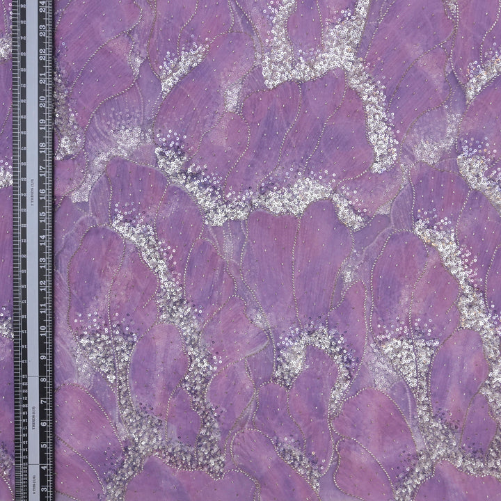 Designer Lavender Net Embroidery Fabric with Silver Sequins Embroidery