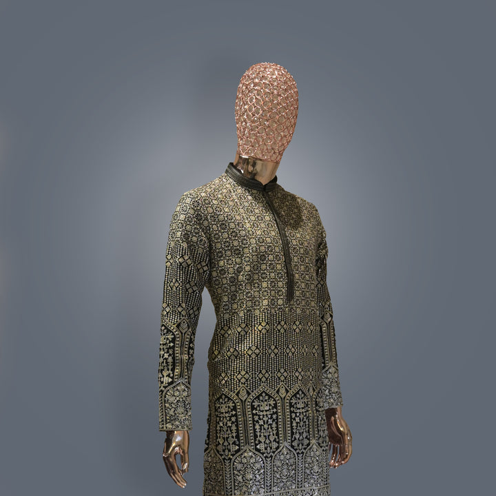 Golden All Over Embroidery Georgette Kurta Set