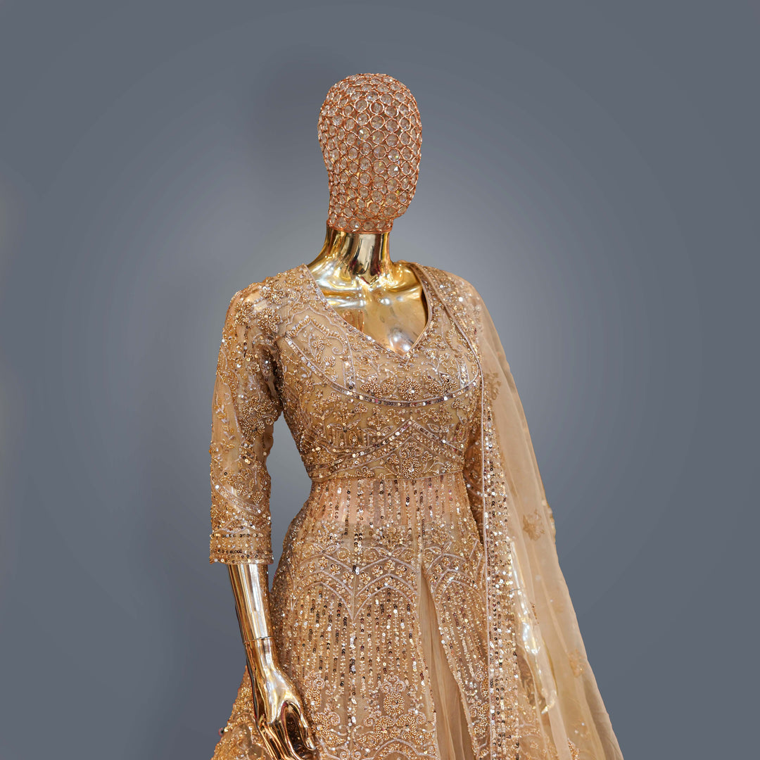 Metallic Beige Bridal Lehenga Dress with Heavy Zari, Sequins and Hand Embroidery