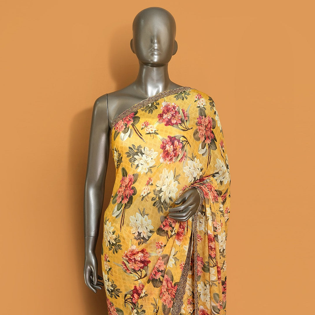 Yellow Colour Chinon Crepe Digital Print With Cut Dana Hand Work Sarees