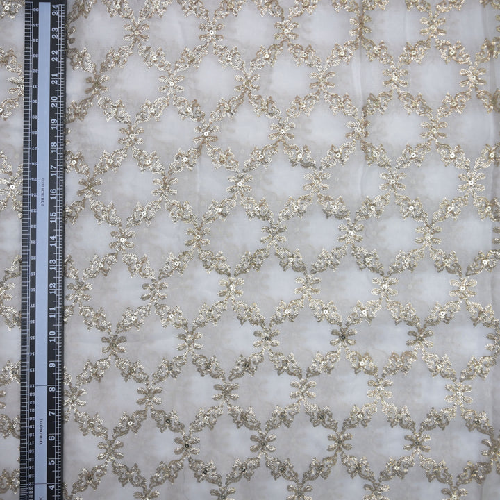 White Georgette Dyeable Fabric with Checkered Zari & Sequins Embroidery