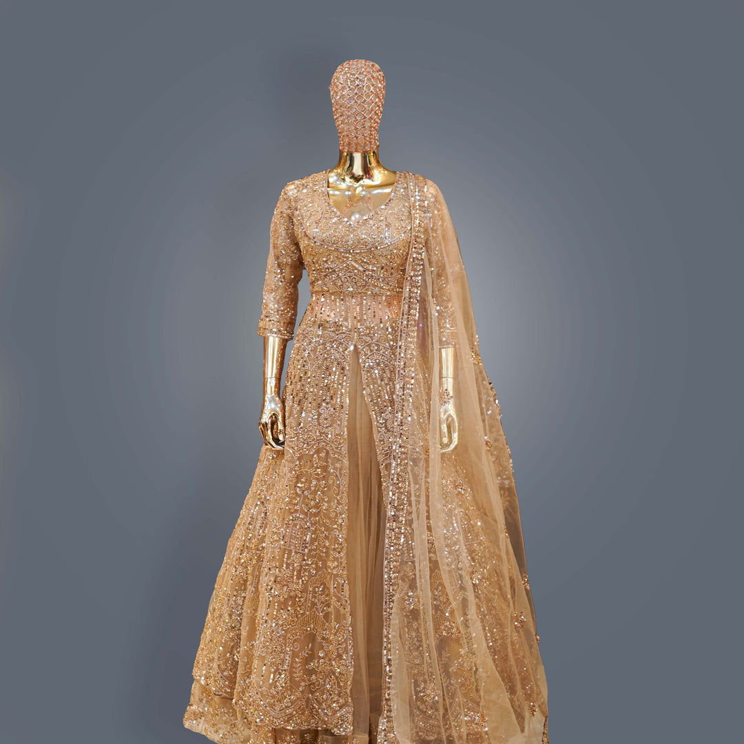 Metallic Beige Bridal Lehenga Dress with Heavy Zari, Sequins and Hand Embroidery