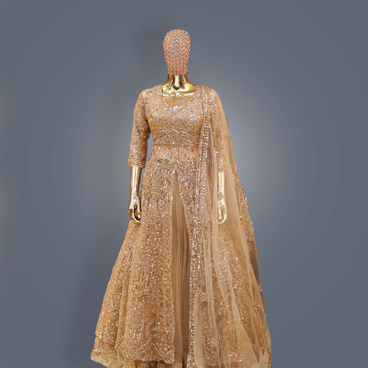 Metallic Beige Bridal Lehenga Dress with Heavy Zari, Sequins and Hand Embroidery