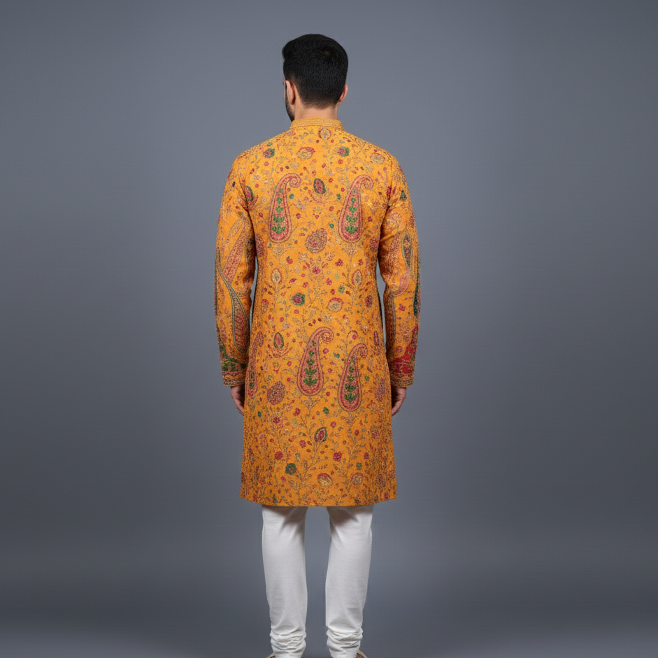 Mustard Yellow allover Embroidery Crepe Kurta Set