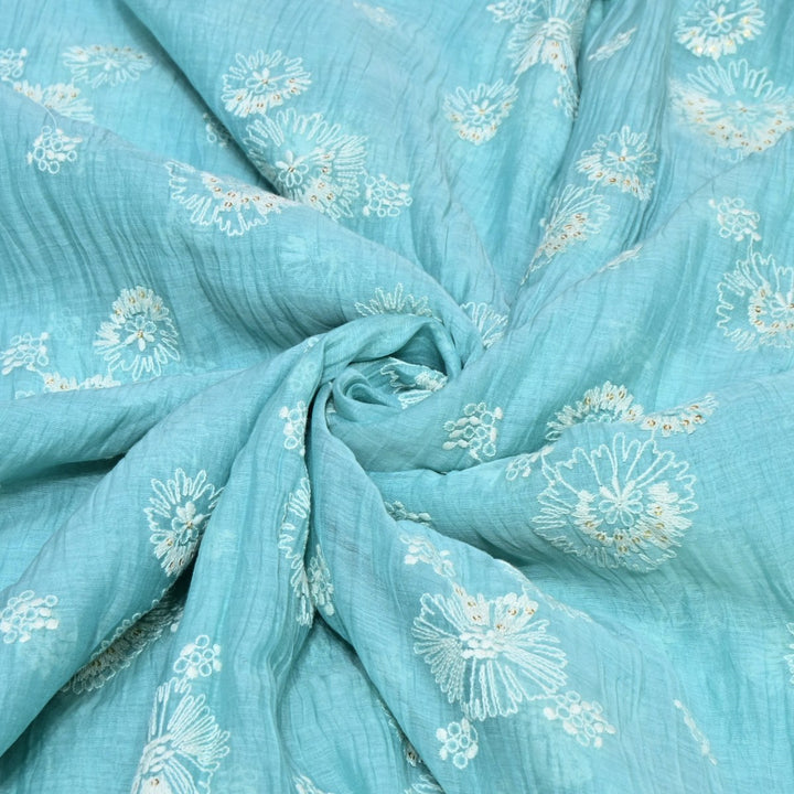Blue Hosta Color Mul Chanderi Mirror Work Fabric Lightweight Designer Summer Fabric-RV5589