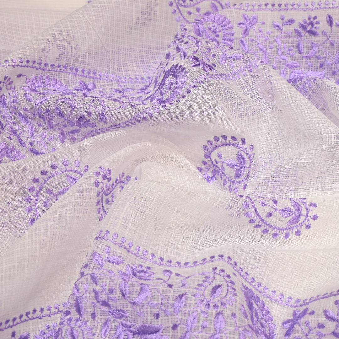 Off White with Pink Color Cotton Kota Thread Embroidery Fabric