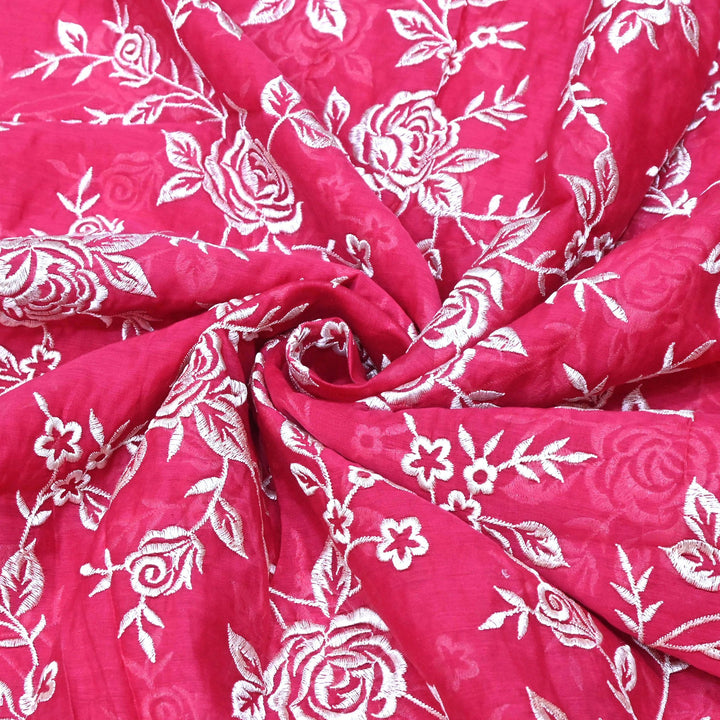Pink Lemonade Color Mul Chanderi Thread Embroidery Fabric