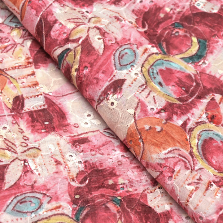 Floral Digital Print Cotton Chikan Embroidery Fabrics