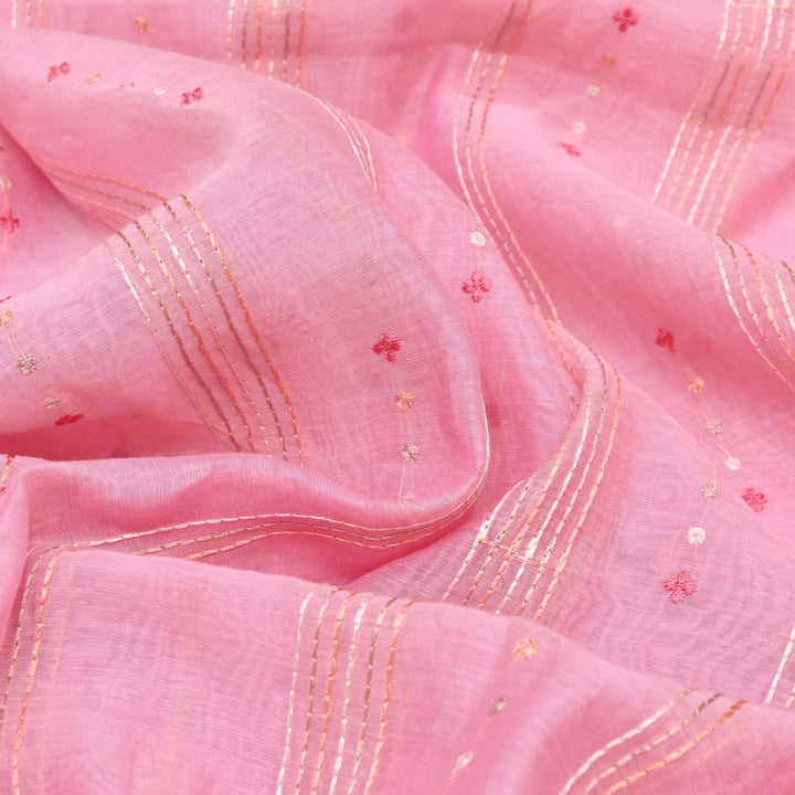 Soft Pink Color Mul Chanderi Thread Embroidery Fabric