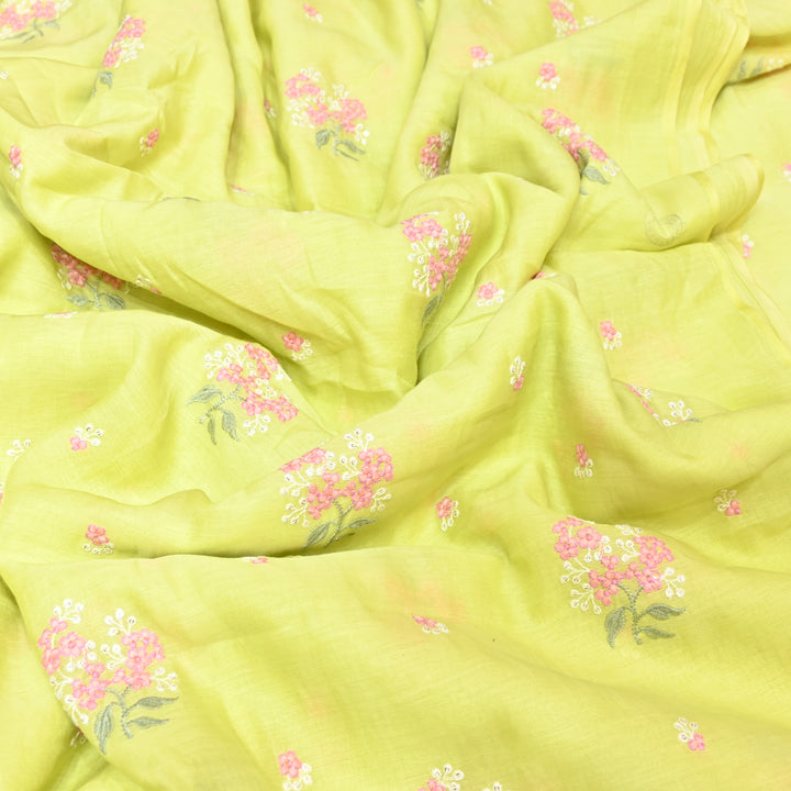 LEMON YELLOW COLOR MUL CHANDERI THREAD EMBROIDERY FABRIC - GP4822- 05