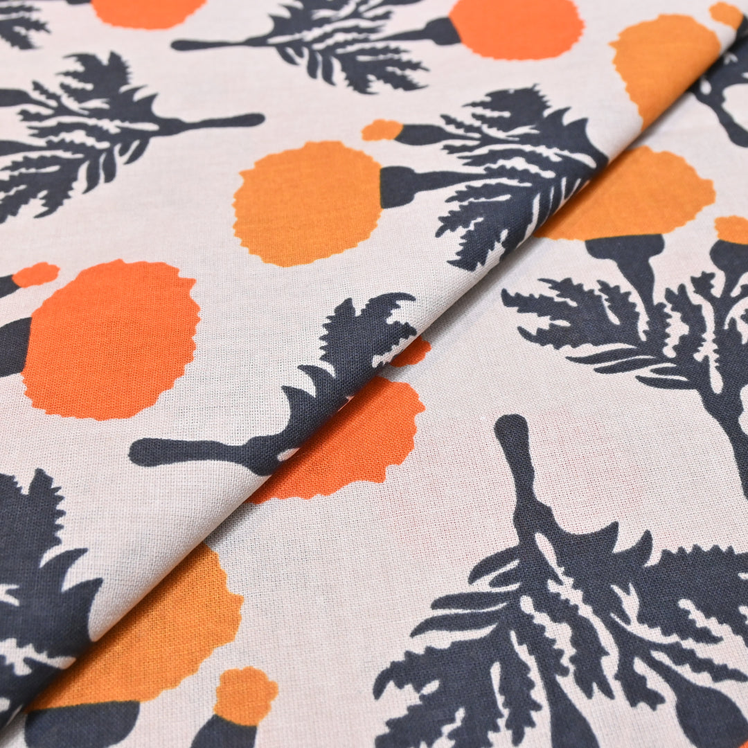 White Cotton Linen In Orange Floral Print