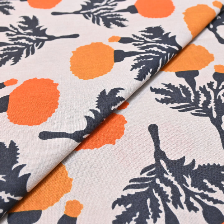 White Cotton Linen In Orange Floral Print
