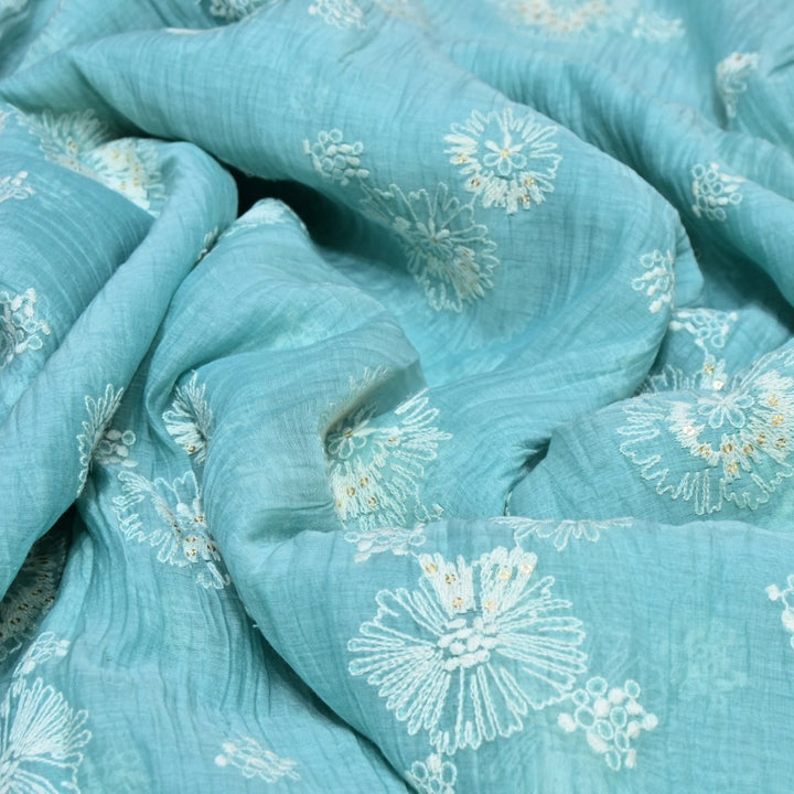 Blue Hosta Color Mul Chanderi Mirror Work Fabric Lightweight Designer Summer Fabric-RV5589