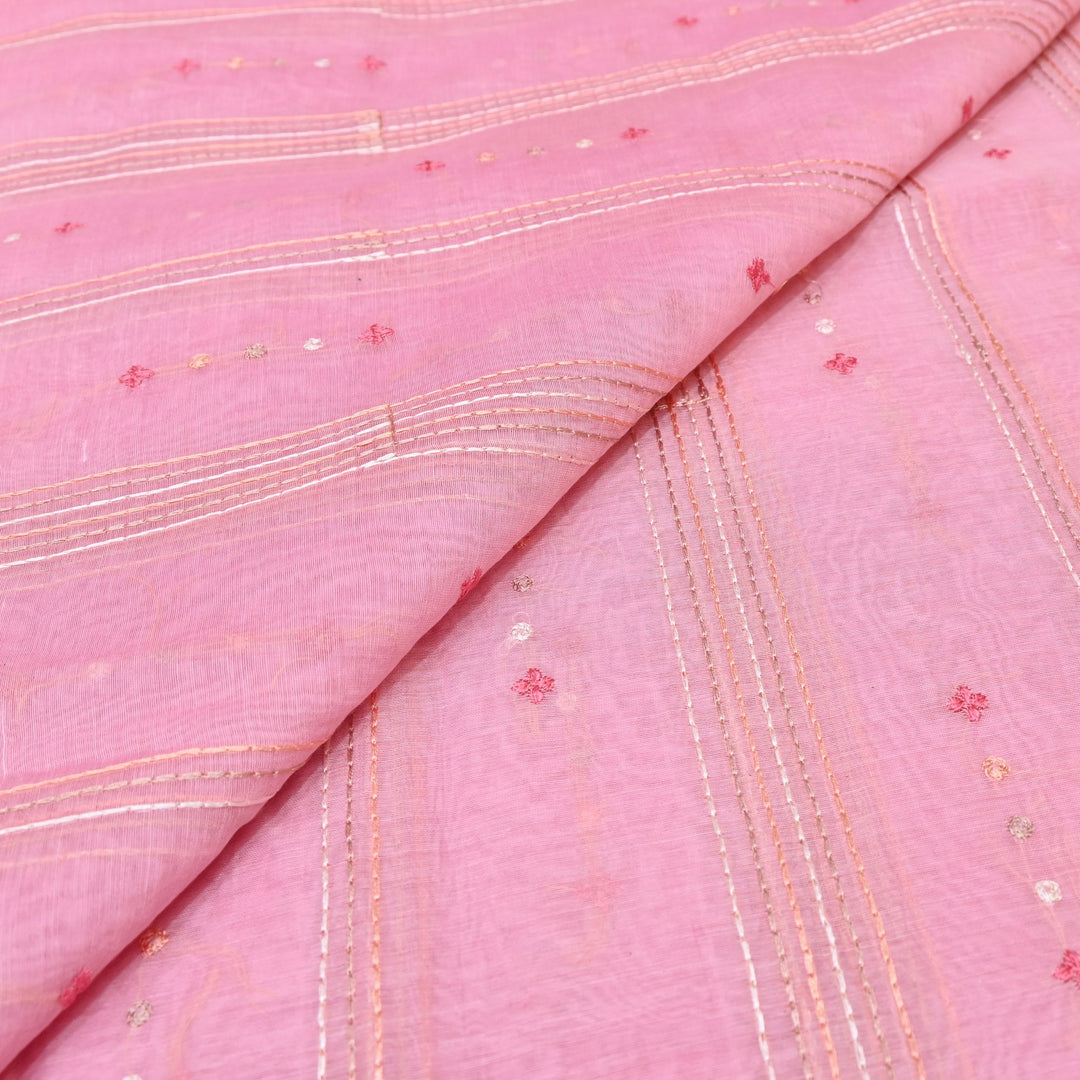 Soft Pink Color Mul Chanderi Thread Embroidery Fabric