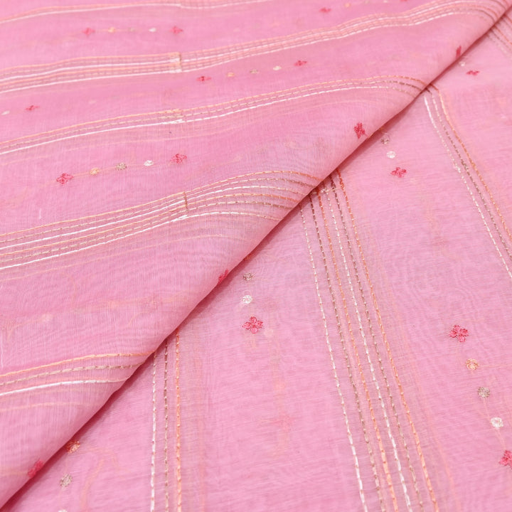 Soft Pink Color Mul Chanderi Thread Embroidery Fabric