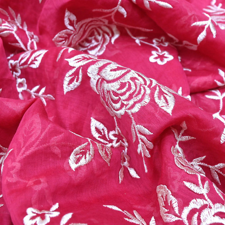 Pink Lemonade Color Mul Chanderi Thread Embroidery Fabric
