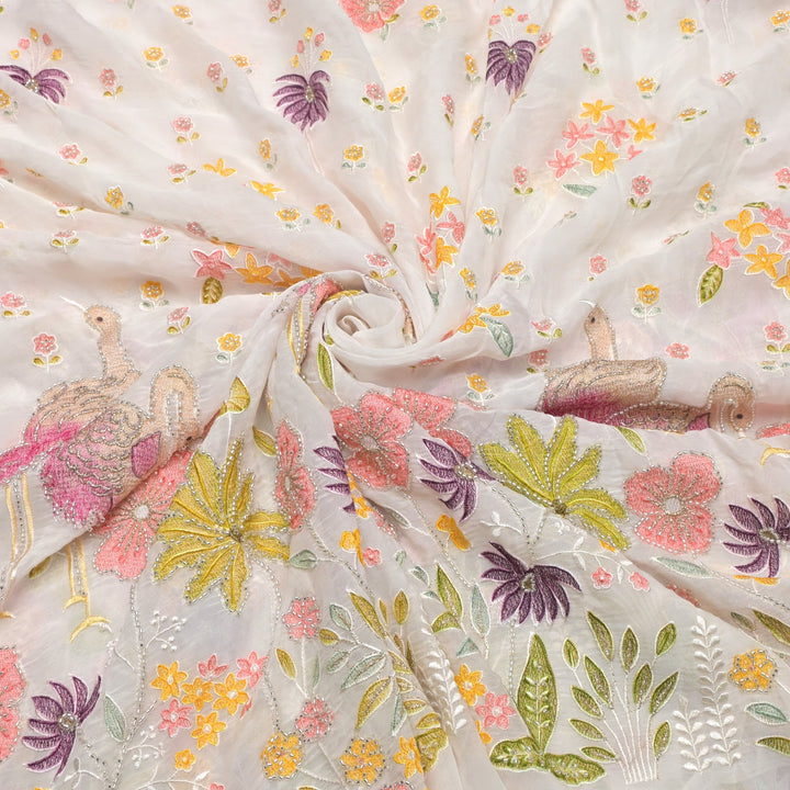 Multi thread and pearl sequin embroidery fabric on viscose organza