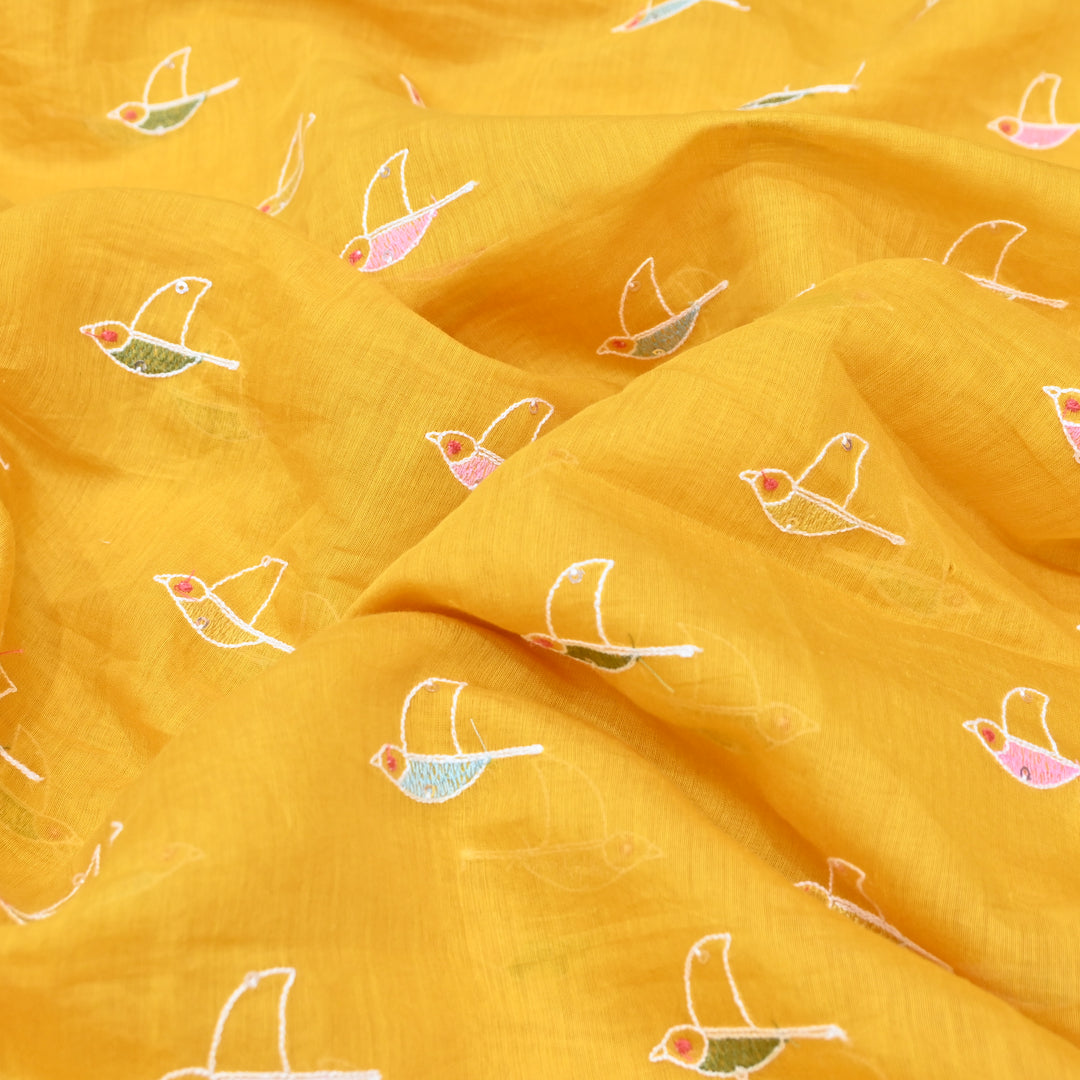 Vibrant mustard yellow base Mul Chanderi Sequins Embroidery.