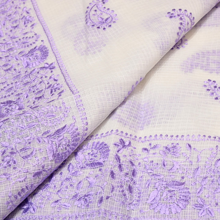 Off White with Pink Color Cotton Kota Thread Embroidery Fabric