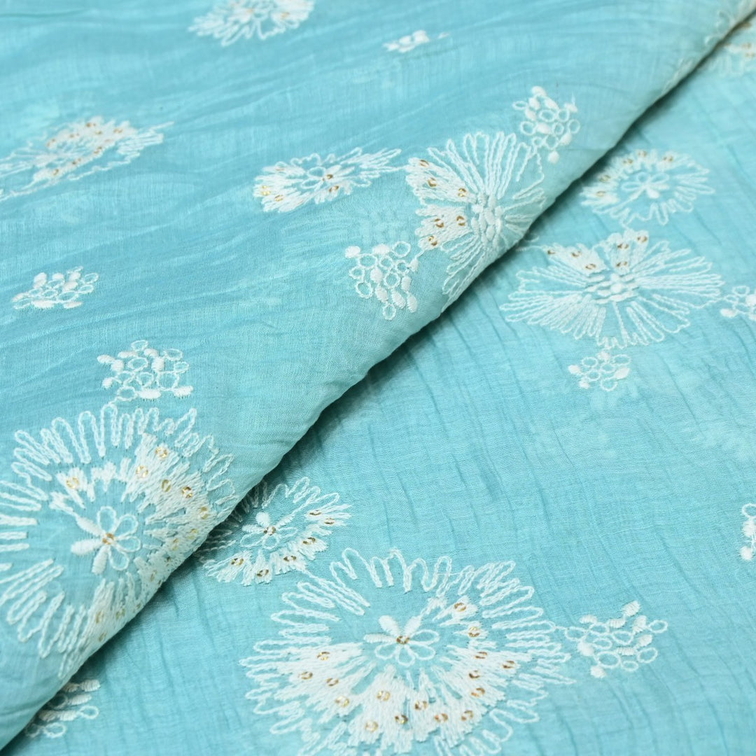 Blue Hosta Color Mul Chanderi Mirror Work Fabric Lightweight Designer Summer Fabric-RV5589