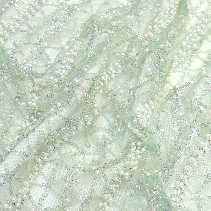 Imported Net Cutdana Pearls With Sequins Handwork Embroidery Fabrics