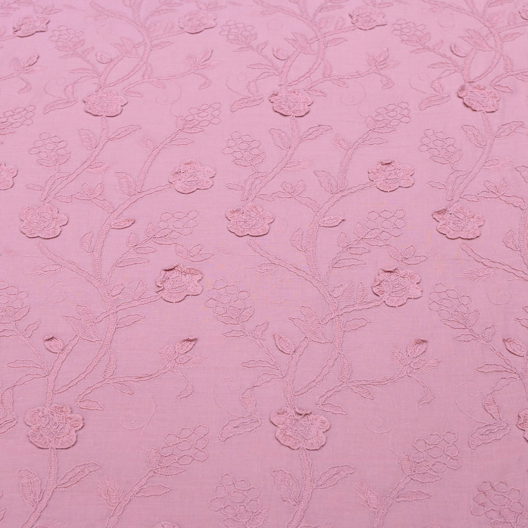 Light Mauve Color Pure Cotton Floral Thread Embroidery Fabric
