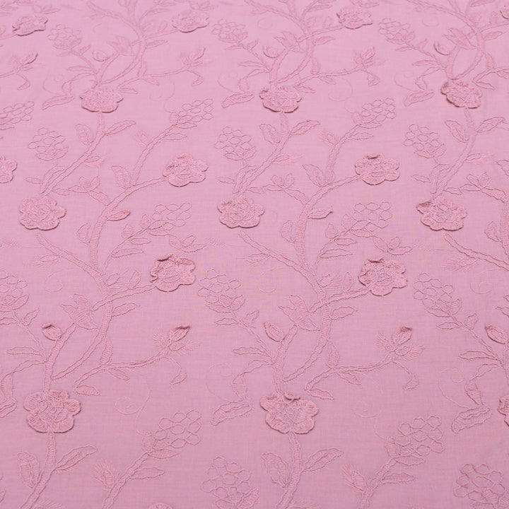 Light Mauve Color Pure Cotton Floral Thread Embroidery Fabric
