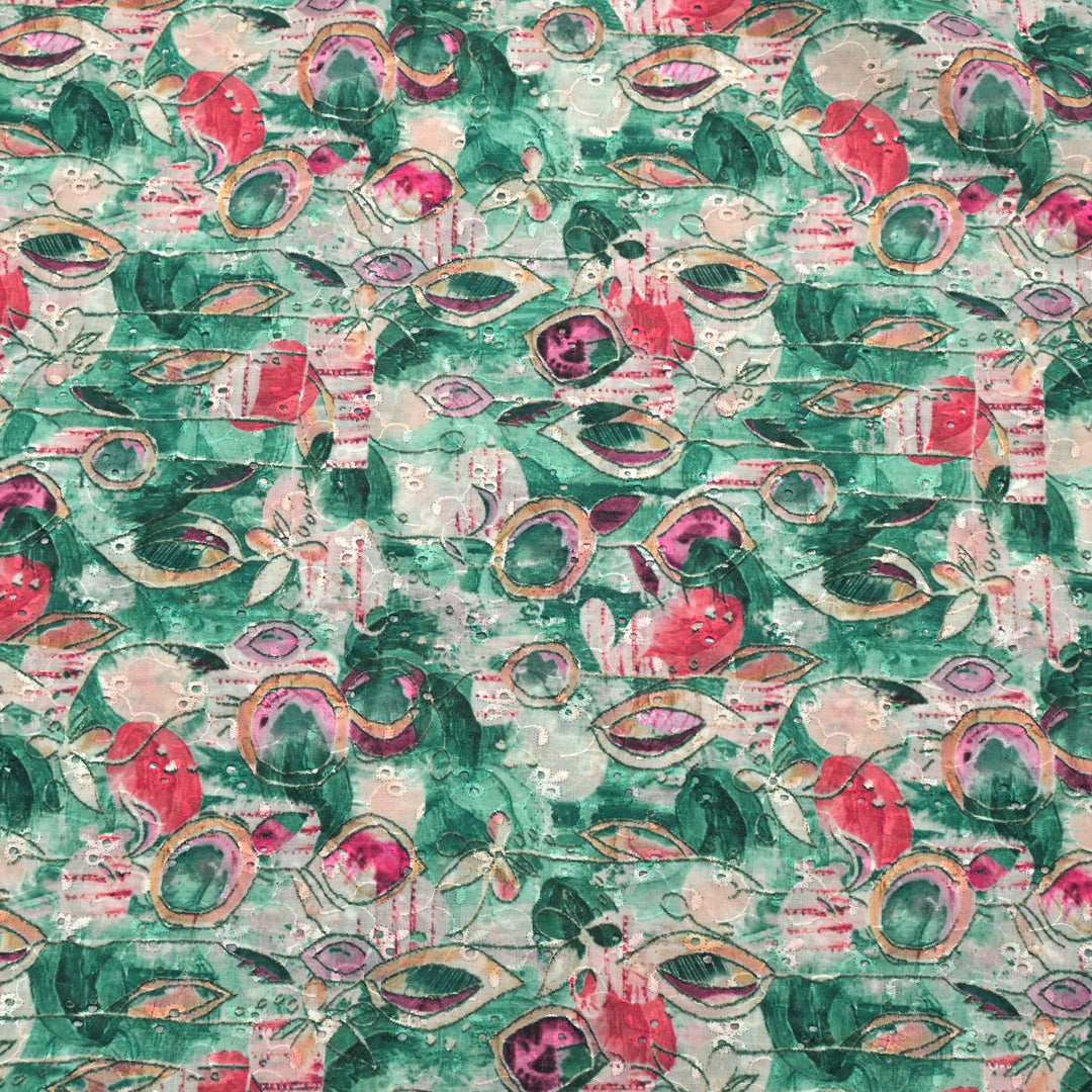 Floral Digital Print Cotton Chikan Embroidery Fabrics