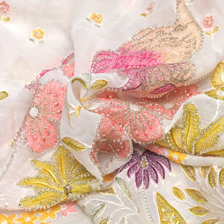Multi thread and pearl sequin embroidery fabric on viscose organza