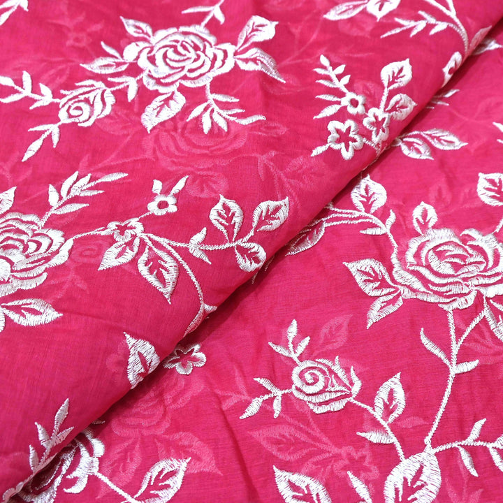 Pink Lemonade Color Mul Chanderi Thread Embroidery Fabric