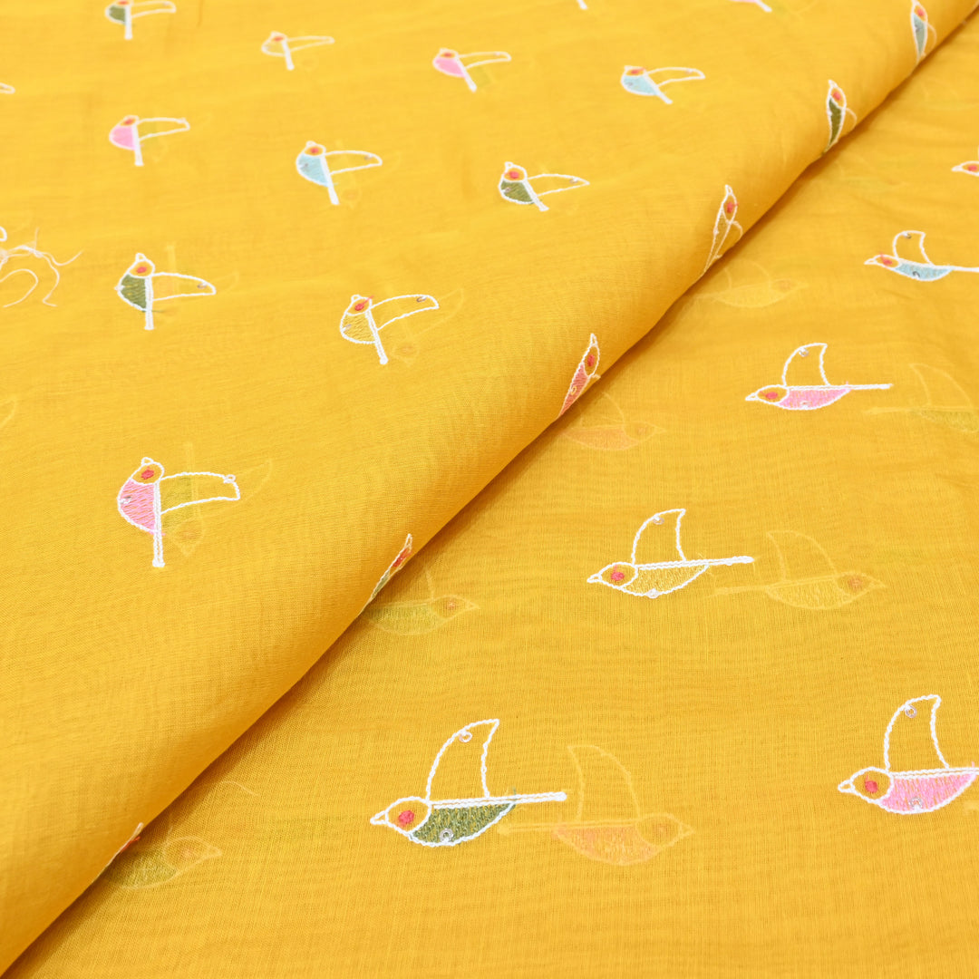 Vibrant mustard yellow base Mul Chanderi Sequins Embroidery.