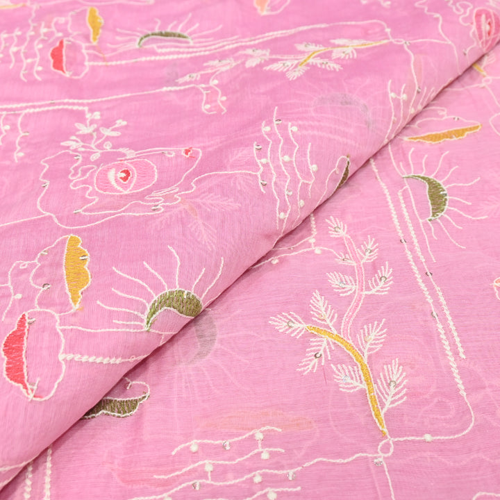 Baby Pink Mul Chanderi Fabric with allover Sequins Thread Embroidery