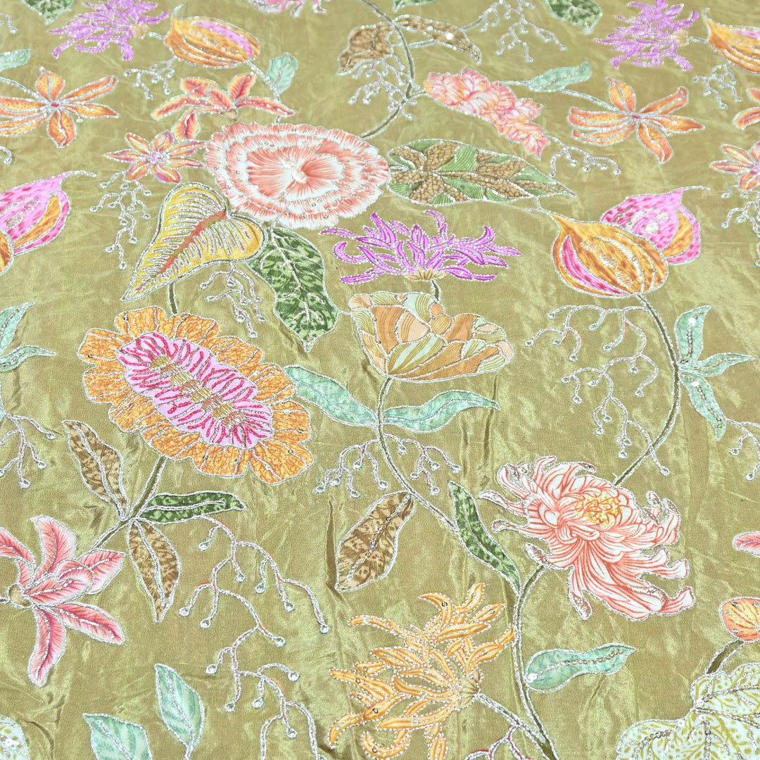 Multi Color Crepe Position Print Zari Sequence Embroidery Fabric-0NP432-1
