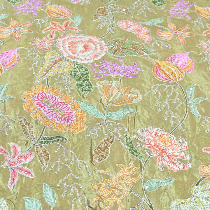 Multi Color Crepe Position Print Zari Sequence Embroidery Fabric-0NP432-1