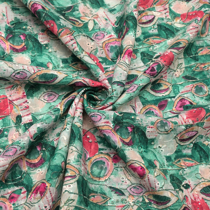 Floral Digital Print Cotton Chikan Embroidery Fabrics