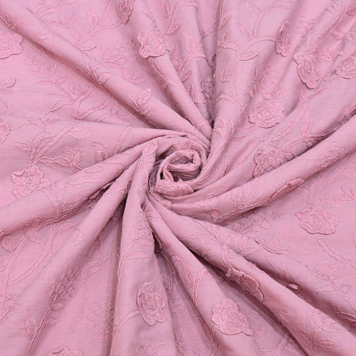 Light Mauve Color Pure Cotton Floral Thread Embroidery Fabric