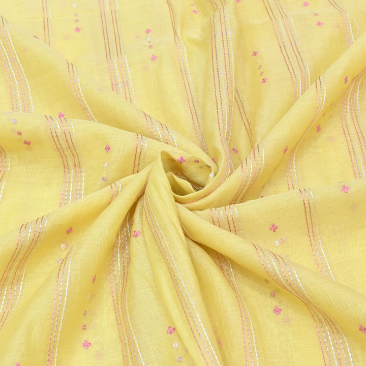 sweet corn yellow Color Mul Chanderi Thread Embroidery Fabric
