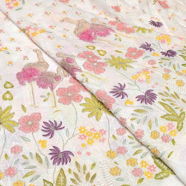Multi thread and pearl sequin embroidery fabric on viscose organza