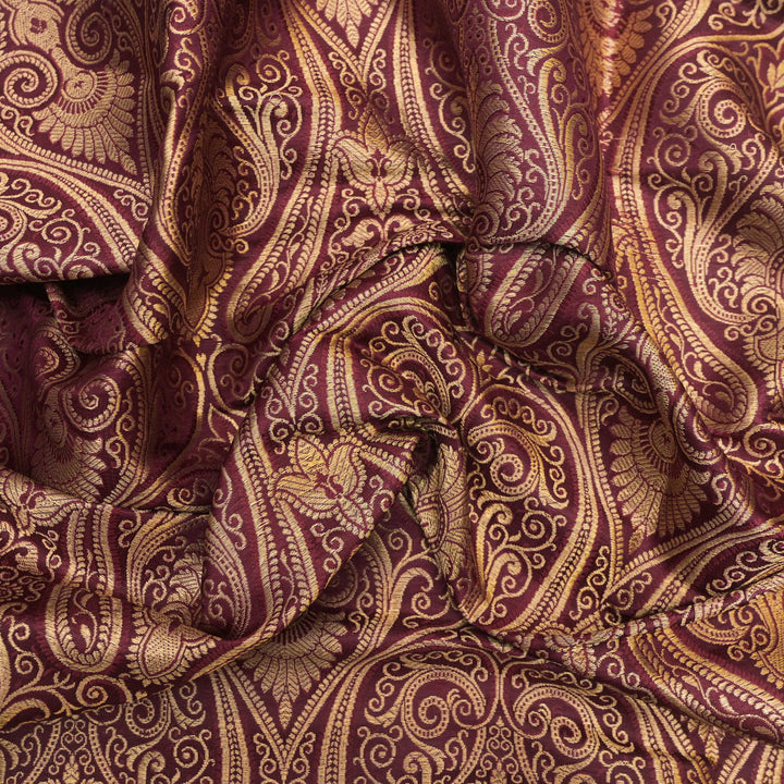 Maroon & Gold Paisley Brocade Fabric| 100-23-121