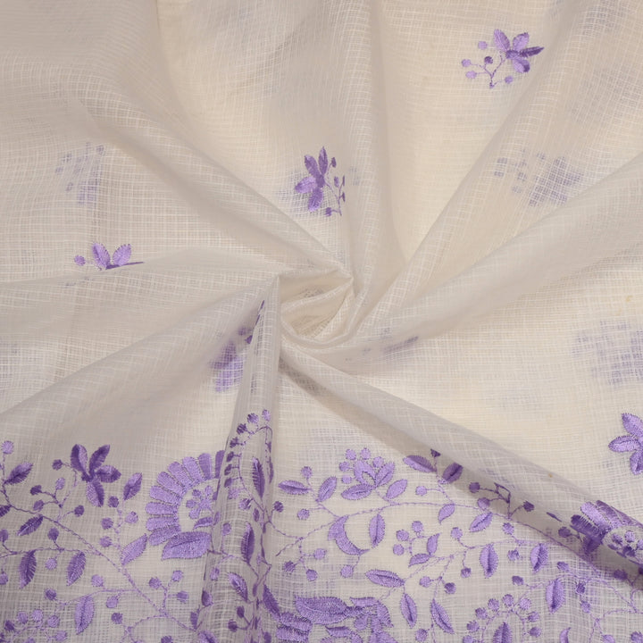 Off White with Pink Color Cotton Kota Thread Embroidery Fabric