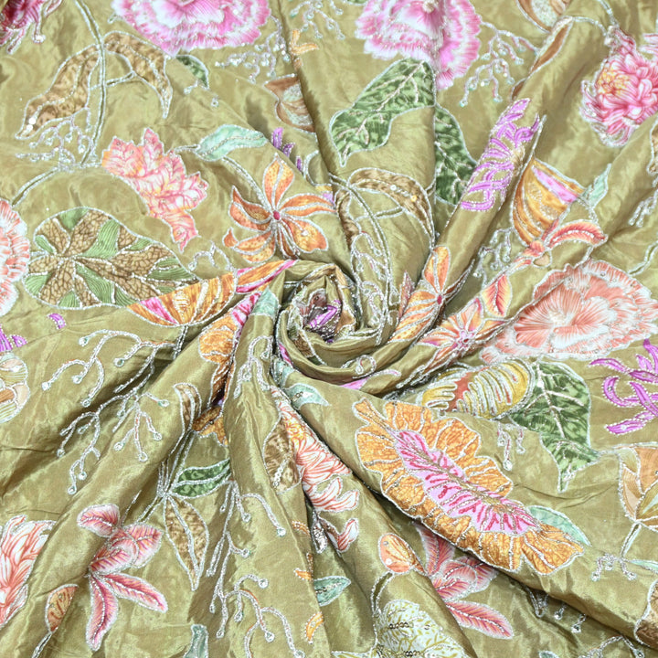 Multi Color Crepe Position Print Zari Sequence Embroidery Fabric-0NP432-1