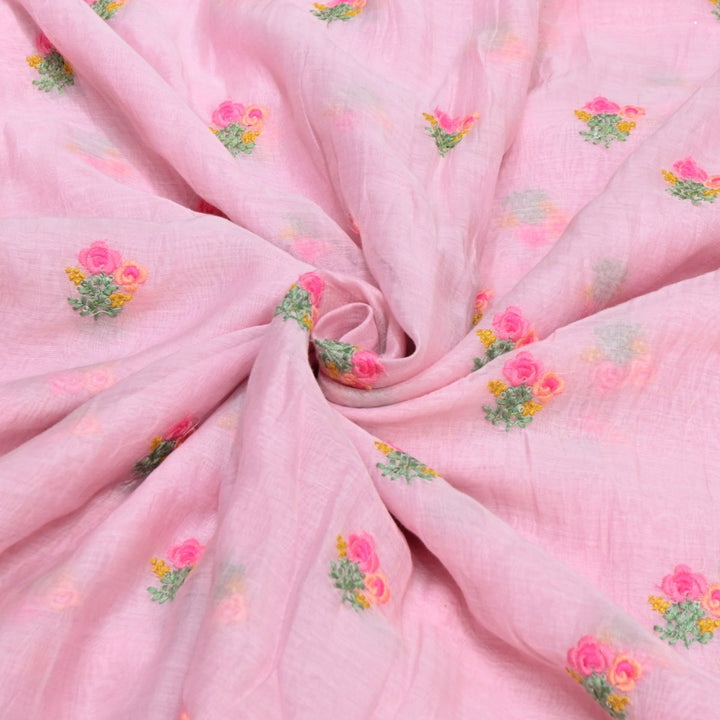Cotton Candy Color Mul Chanderi Thread & Sequins Embroidery Fabric | Designer Fabric-V01954C